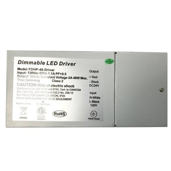 Picture of LED Driver, 48 watts, 24VDC, Constant Voltage, Max 2A,  Triac Dimming, Class 2, 120V