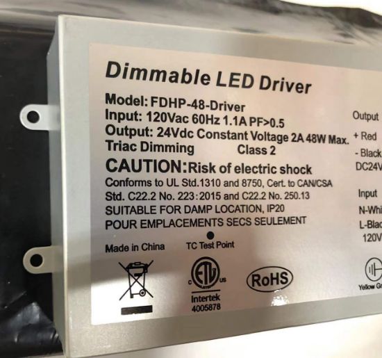 Picture of LED Driver, 48 watts, 24VDC, Constant Voltage, Max 2A,  Triac Dimming, Class 2, 120V