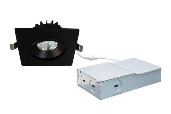 Picture of 4'' Recessed Gimbal Downlight, 12 watts, 800 lms, CRI 90+, Pre-select 5 CCT, Triac Dimming, 120V, Black, Square, Wet Location