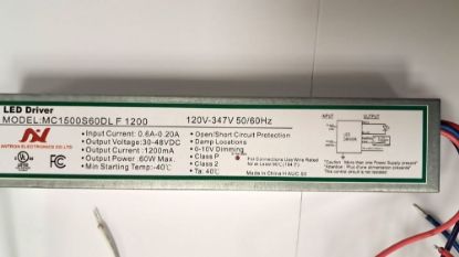 Picture of LED Driver, 60 watts (1200), with 12VDC, 30-48V DC, Dimming 0-10V, Max. 1.2A, Damp Location, 120-347V