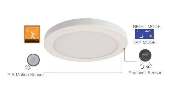 Picture of 12" LED Flush Mount with PIR Motion Sensor & Photocell, 24 watts, 1850 lms, CRI 90+, Pre-select 5 CCT, Dims to 30% by Sensor, IC & Wet Location Rated, Round, White 