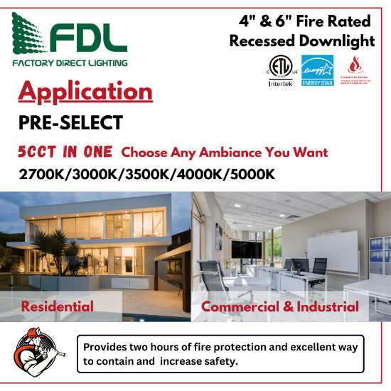 Picture of 4'' LED Fire Rated Recessed Downlight, Pot Light, 12 watts, 984lms, Pre-select 5 CCT, Triac Dimming, 120V, Round, Wet Location