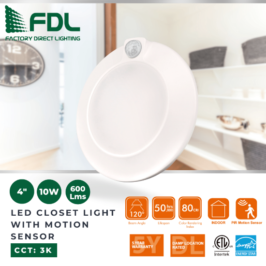 Picture of 4'' LED Disc Closet Lite with PIR Motion Sensor, 10 watts 3000K, 120V Round