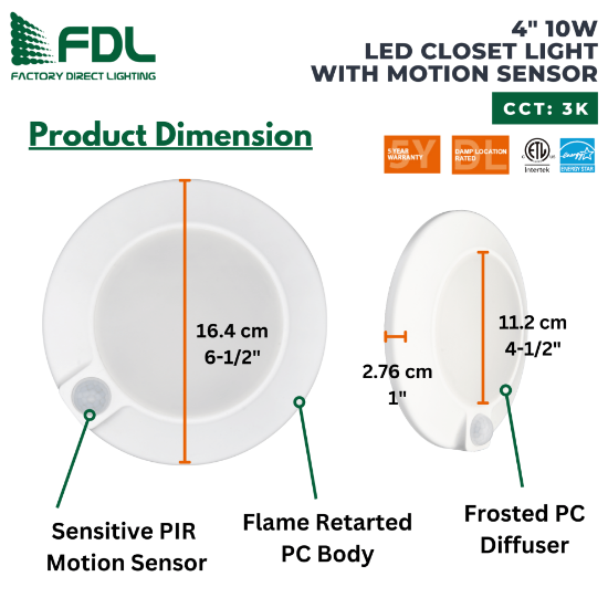 Picture of 4'' LED Disc Closet Lite with PIR Motion Sensor, 10 watts 3000K, 120V Round