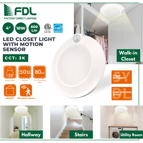 Picture of 4'' LED Disc Closet Lite with PIR Motion Sensor, 10 watts 3000K, 120V Round